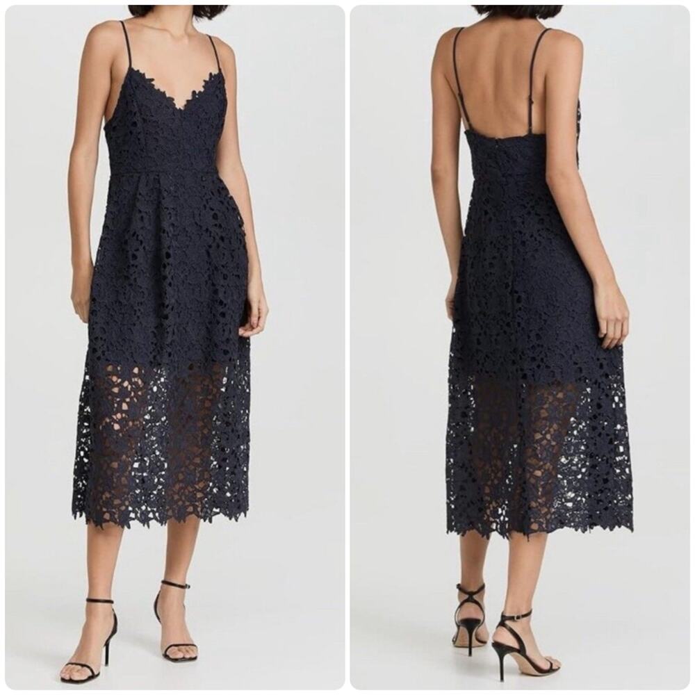 ASTR The Label Crochet Lace Dress Womens Small Navy Blue Pleated Front